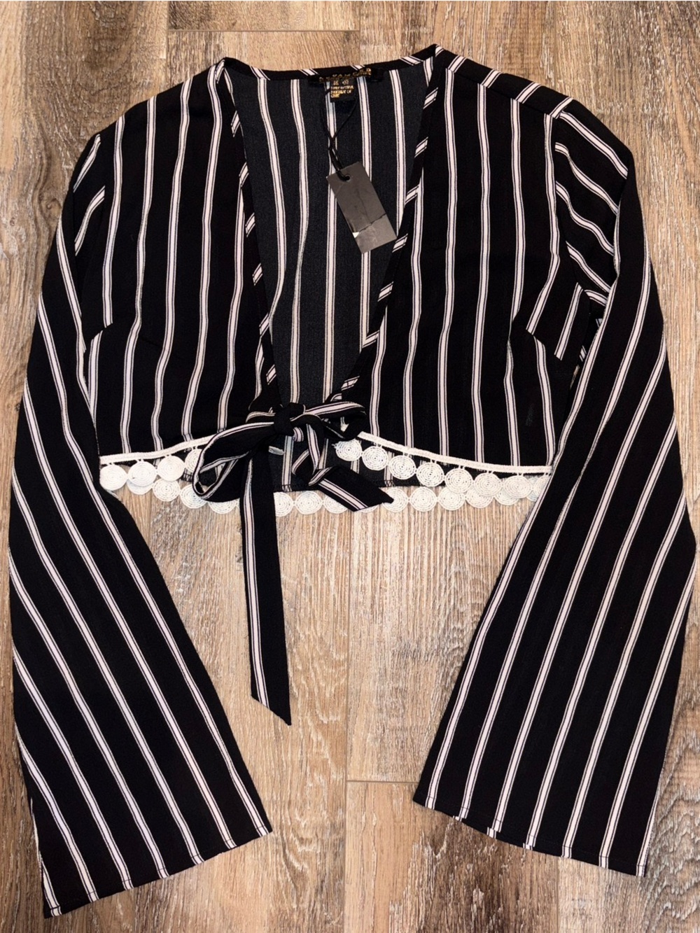 Revamped Black & White Striped Tie-Front Cropped Top